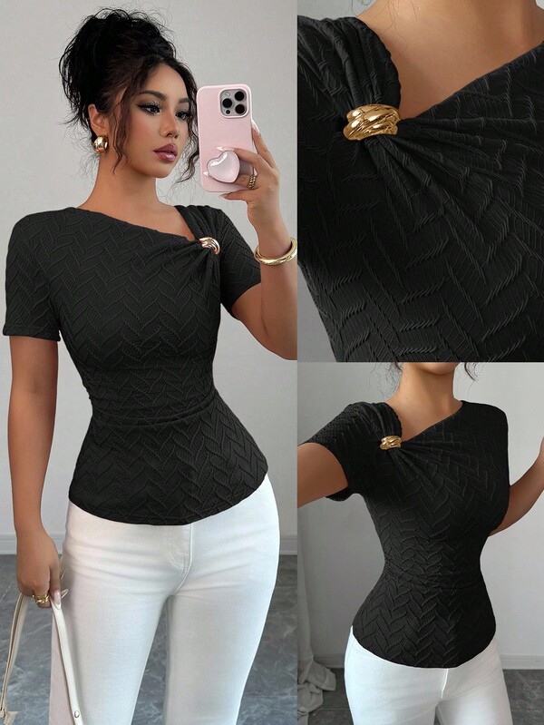 Elenzga Women's Elegant Asymmetric Neckline 3D Rose Gold Button Decor Short Sleeve T-Shirt