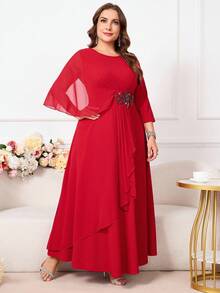 Reflora 大码纯色荷叶边网眼拼布优雅连衣裙 - 紅色 - 查看 9