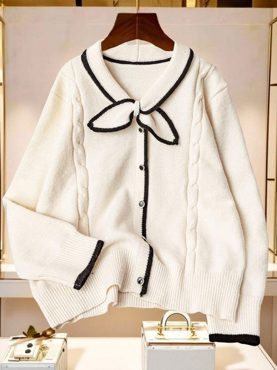 Franclia 加大码优雅白色针织套头衫,撞色饰边,适合工作、通勤、户外,法式复古风格 - 白色 - 查看 1