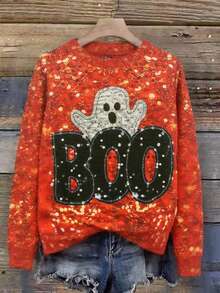EMERY ROSE Women Boo Halloween Ghost Graphic Print Sweater, Casual Comfortable Short Sleeve Pullover Suitable For Outdoor Wear - Multicolor - View 1