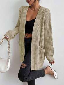 EMERY ROSE Áo khoác cardigan dáng rộng tay dài trễ vai màu trơn cho nữ, mùa thu - Màu be - Xem 6
