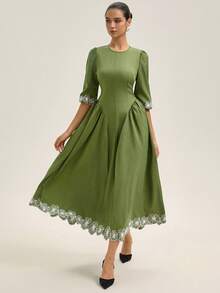 BELROSIE Nouvelle robe d'automne/hiver pour femmes avec manches lanternes, broderie sur les manches 3/4 et l'ourlet, contraste de couleurs, style français minimaliste et élégant avec taille évasée - Vert - Voir 4