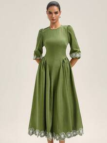 BELROSIE Nouvelle robe d'automne/hiver pour femmes avec manches lanternes, broderie sur les manches 3/4 et l'ourlet, contraste de couleurs, style français minimaliste et élégant avec taille évasée - Vert - Voir 5
