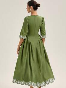 BELROSIE Nouvelle robe d'automne/hiver pour femmes avec manches lanternes, broderie sur les manches 3/4 et l'ourlet, contraste de couleurs, style français minimaliste et élégant avec taille évasée - Vert - Voir 7