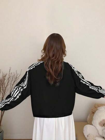 SHEIN Áo khoác có khóa kéo nơ ruy băng thời trang cho bé gái, phù hợp cho mùa xuân và mùa thu