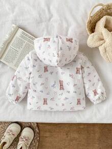 Baby Girls' Oversized Bear Print Hooded Zip-Up Jacket Fall Winter - Pink - View 2