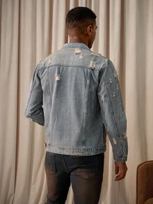Manfinity Homme Men's Distressed Denim Jacket, Streetwear Style Acid Washed For Slim-Fit, Fall - Light Wash - View 2