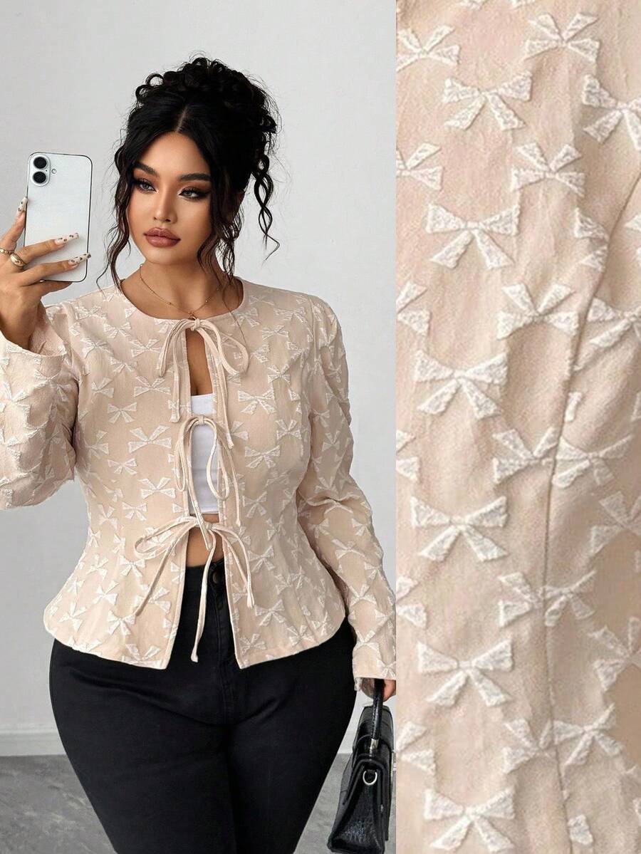 Elenzga Chaqueta versátil de cuello redondo con diseño de lazo texturizado, manga larga, cintura con lazo y pliegues delanteros, ideal para el otoño temprano, talla grande