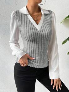 SHEIN LUNE 女式二合一长袖修身翻领衬衫 秋季女装 - 灰色 - 查看 3