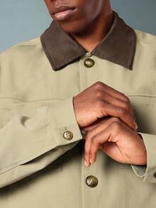 SUMWON Classic Twill Utility Work Shacket Canvas Workwear Jacket With Contrast Collar Front Patch Pockets And Button Closure Fall Spring Casual Outerwear Versatile Layer