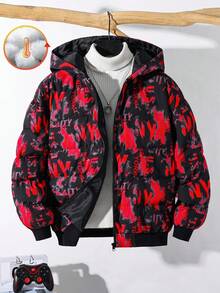 SHEIN Tween Boys' Black Winter Casual School Back-To-School Loose Fit Thick Padded Jacket,Letter Patch Hooded Versatile Coat For Commuting,Sports & Vacation - White - View 2