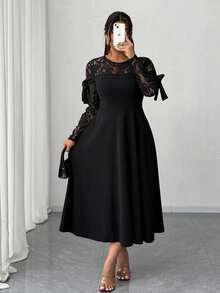 Elenzga Váy ren thêu nơ trang trí cỡ lớn thanh lịch - màu đen - Xem 9