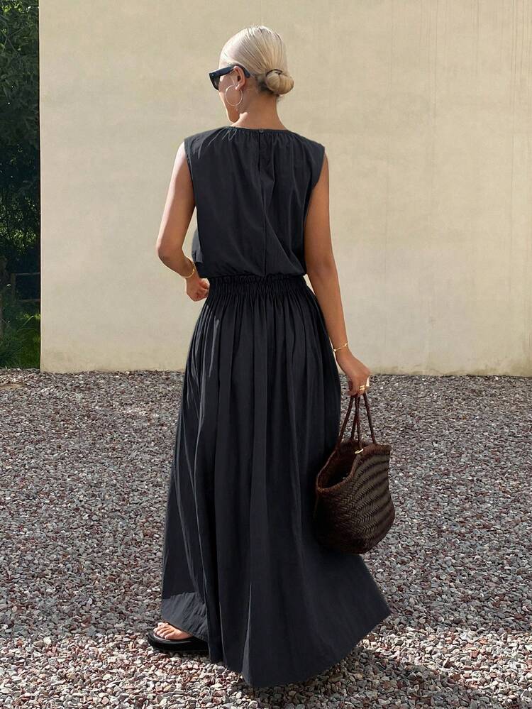 Women's Solid Color Round Neck Pleated Top And Skirt 2-Piece Casual Vacation Everyday Outfit