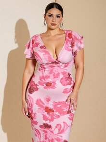 SHEIN BAE 大码女式优雅大号花卉网眼印花紧身 V 领连衣裙，长款，合身，修饰手臂，适合日常、外出、约会、下午茶、度假、春夏季、返校季女士连衣裙优雅女士正装 - 粉色 - 查看 5