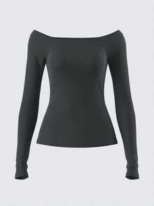 SHEIN BASICS 1 Áo thun dài tay hở vai màu trơn đơn giản dành cho nữ - Màu xám đen - Xem 2