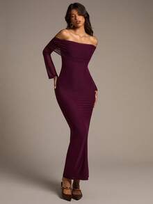 Aloruh Đầm midi ôm sát vai màu đỏ rượu Ankara lưới hở vai mới dành cho nữ mùa thu/đông - Màu tím - Xem 7