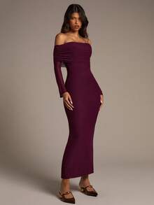 Aloruh Đầm midi ôm sát vai màu đỏ rượu Ankara lưới hở vai mới dành cho nữ mùa thu/đông - Màu tím - Xem 6