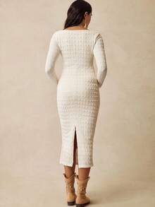 Boho Mama Váy dệt kim ôm dáng cổ chữ V màu trơn cho bà bầu - Màu be - Xem 2