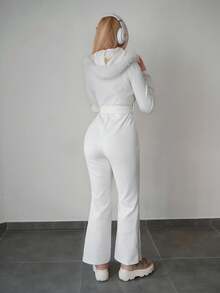 Sweetina 女式白色连帽加厚连体衣，带人造毛领，适合冬季滑雪 - 白色 - 查看 2