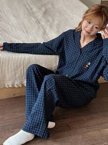 DAZY 青少年/女孩休闲格子家居服套装，宽松舒适卡通图案直筒裤，秋季 - 藏蓝色 - 查看 5