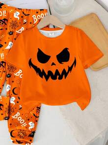 SHEIN Baby Boys Casual Stylish Classic Cool Halloween Pattern Print, Spider, Ghost, Pumpkin, Bat Graphic Round Neck Short Sleeve Top And Pants Set, Halloween Costume - Multicolor - View 4