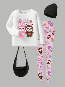 返校季女童休闲时尚街头风创意卡通可爱兔子彩色字母标语印花短袖T恤和打底裤两件套，秋冬儿童打底裤套装，女童卡通套装，女童可爱套装，女童舒适套装，女童秋季卫衣套装 - 彩色 - 查看 4