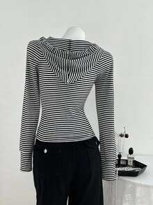 Elamini Women's Striped Long Sleeve Hooded Lightweight Jacket , Halloween Fall Winter Cloth For Women Y2k Club Baddie - Black - View 2