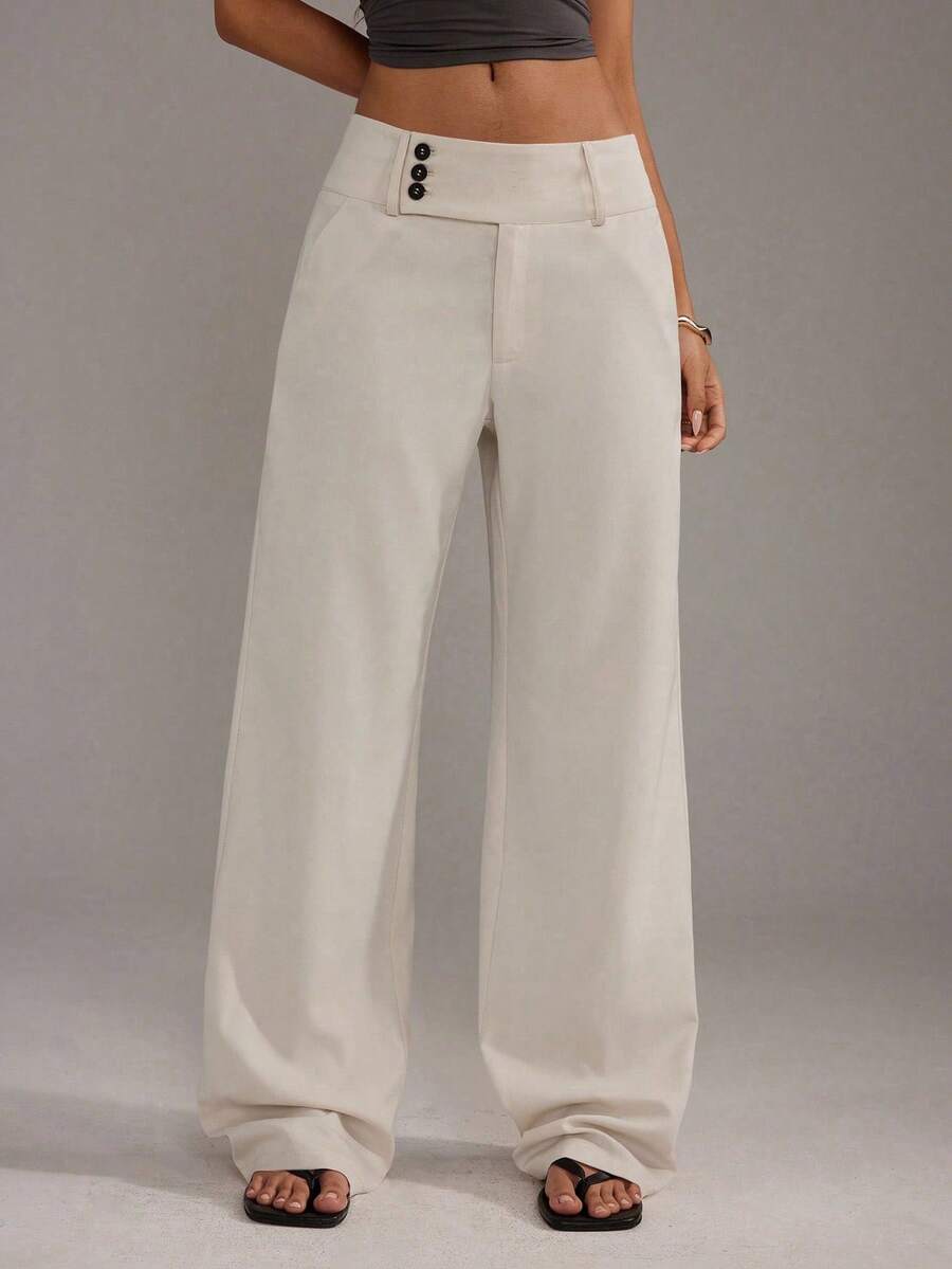 SHEIN Tall Quần ống rộng trơn màu đơn giản dành cho nữ - Màu be - Xem 1