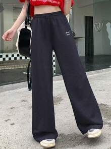 DAZY Women's Contrast Color Letter Print Drawstring Design Pants - Navy Blue - View 2