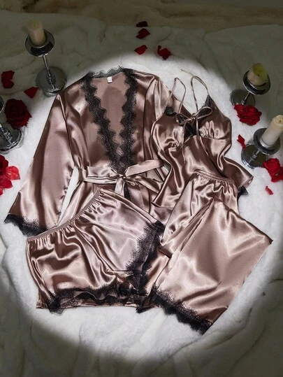 SilkySpell 4pcs Women Sexy Lace Camisole Top Pajama Set, Lace Trim Shorts, Pants, Elegant Satin Belted Robe, Sleepwear For All Seasons Satin Sleepwear Set Satin Pajamas Set Lingerie Robe Set Satin Lingerie Set Lingerie Sleep Set, Fall Winter Clothes