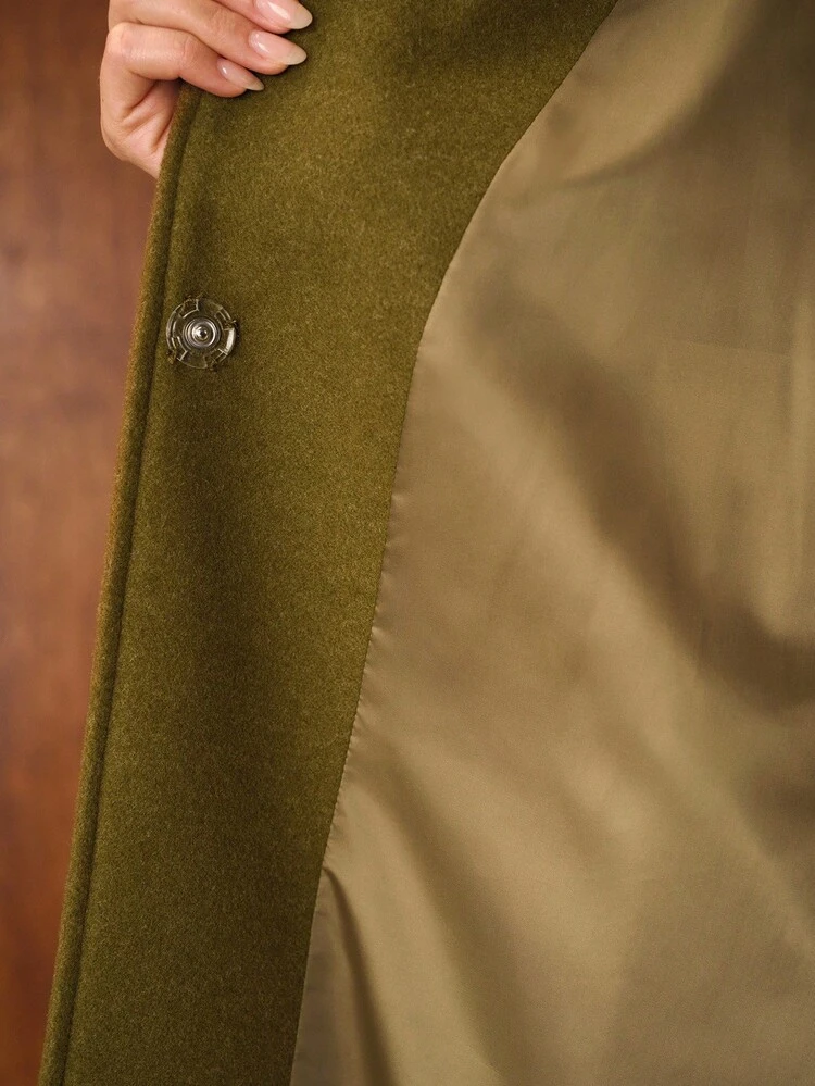 SURPLICE NECK METAL BUCKLE DECOR BELTED LONG OVERCOAT