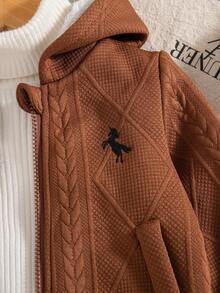 2pcs/Set Toddler Boys Autumn/Winter Wheat Ear Jacquard Plush Zip-Up Hoodie Jacket & Fleece Pants Set,Shades Of Brown,Autumn,Modest,Date,Versatile Warm - Brown - View 7