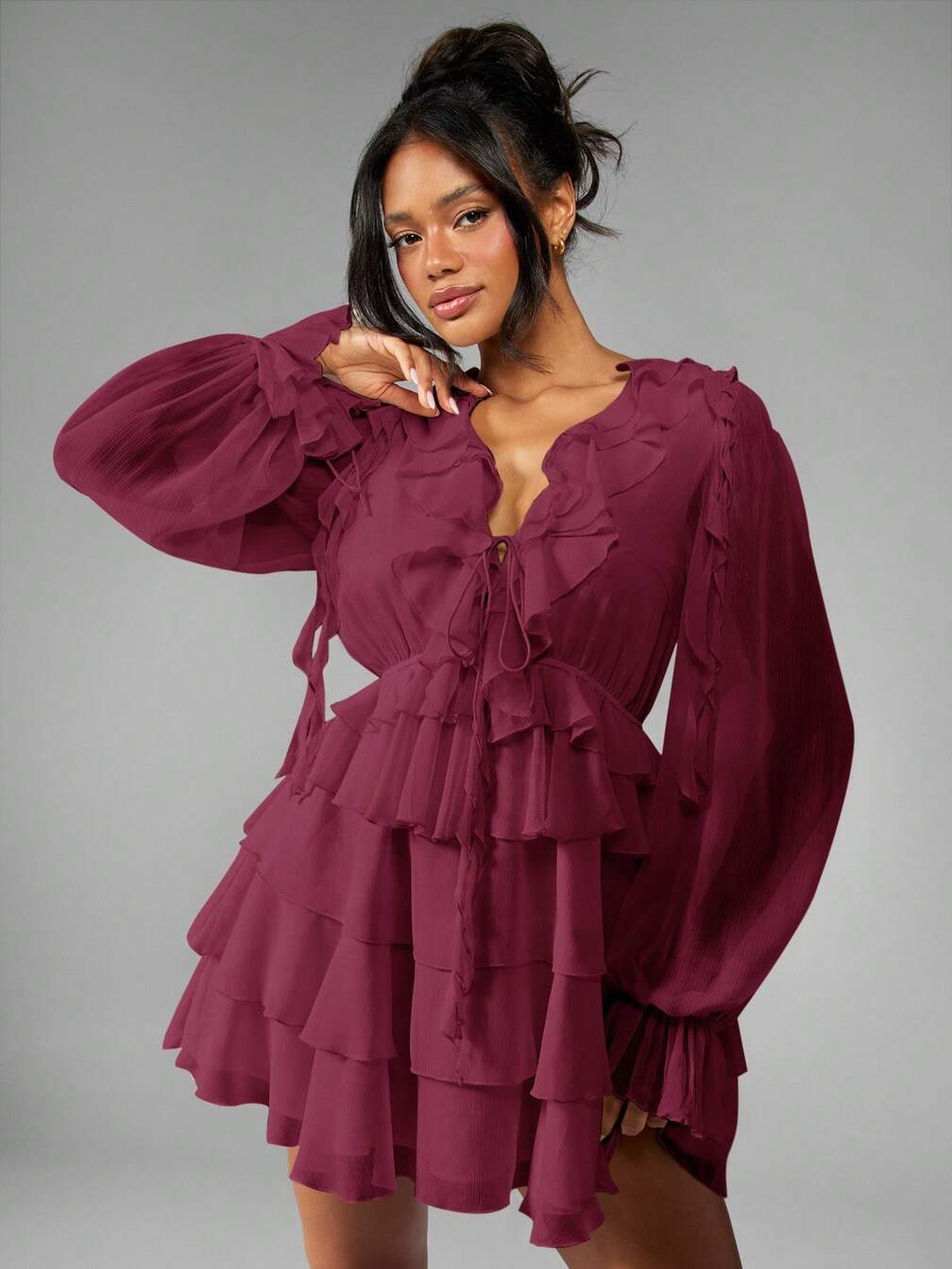 missguided chiffon dress MISSGUIDED Chiffon Ruffle Mini Dress Balloon Long Sleeve V Neck Tiered Flowy Party Fall Winter Holiday Spring Wedding Guest Statement Dress,XS