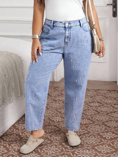 EMERY ROSE Jeans casuales holgados de talle alto con bolsillos y bordado de margaritas para mujer de talla grande