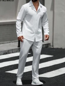 Manfinity Homme Bộ quần áo dài tay trơn màu thường ngày cho nam, trang phục mùa thu - trắng - Xem 7