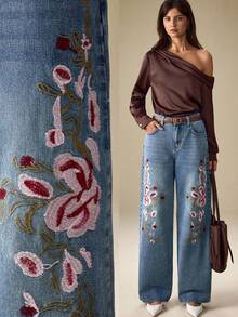 Selenza Jeans anchos casuales y holgados con bordado floral para mujer - Azul - Ver 1