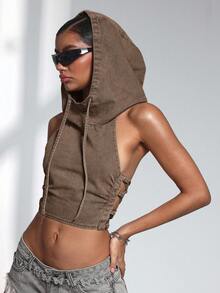 Jeanoix 女士时尚性感露背吊带短款牛仔夹克，夏季 - 棕色 - 查看 4