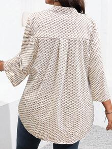 SHEIN Plus Size Casual Commuter All-Over Print Notch Collar Shirt - Coffee Brown - View 2