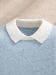 SHEIN Baby Boys Polo Collar Sweater Set, Fashion & Cute, Includes Comfortable & Practical Essentials For Infants, Suitable For Daily, Outdoor, Travel, Daycare, And School Occasions, Spring/Autumn/Winter - Blue - View 3