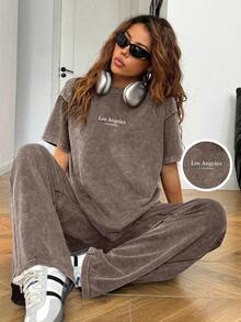 SHEIN EZwear Women Washed Brown T-Shirt & Pants 2 Pieces Casual Suit
