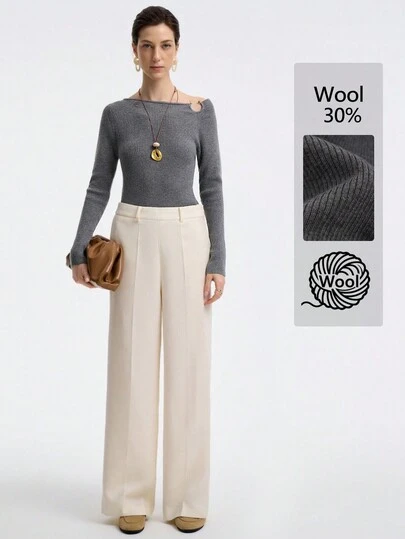 Aalyst 女士优雅修身斜肩金属扣设计长袖毛衣