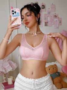 PetitDoll 女士纯色甜心领刺绣蕾丝文胸 - 粉色 - 查看 3