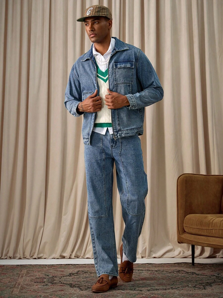 Manfinity Homme Men Street Style Washed Blue Denim Jacket & Jeans, Spring/Summer Western Business Casual Acid Washed Blue For Rave, Fall Clothes