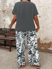 Conjunto de 2 piezas para mujer talla grande - Top y pantalones de color contrastante - Gris - Ver 2