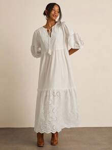 Freevana 大码女式 V 领流苏绳和刺绣纹理 A 字形假日连衣裙，白色长裙，婚礼宾客服装，浪漫波西米亚海滩裙，女士毕业礼服，婚礼宾客礼服，女士夏季波西米亚风女装，女士早午餐服装，女士机场服装，海滩度假服装，城市休闲服装，假日服装，女士白色连衣裙，女士迷你连衣裙，女士西部连衣裙，女士连衣裙，女士连衣裙，派对女士复活节连衣裙，白色连衣裙优雅 - 白色 - 查看 3
