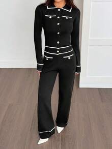 SHEIN PETITE 2 Stücke Damen Kontrast-Farbblock Knopfleiste Taschen Langarm Oberteil und Hose Set 2-teiliges Set für Herbst/Winter
