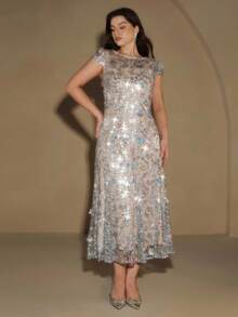 Anewsta Váy ngắn tay sequin lưới họa tiết hoa thanh lịch màu sâm panh, thích hợp mặc dự tiệc, hẹn hò, đi nghỉ dưỡng, trang phục xuân/hè - Bạc - Xem 7