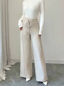 Elenzga Women's High Waist Drawstring Relaxed Fit Luxurious Wool-Like Knit Wide Leg Pants - Light Grey - View 3
