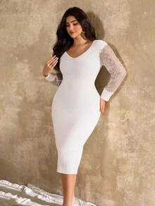 Flirla Plus Size Vintage Patchwork White Long Sleeve Slim Fit Midi Sweater Dress Fall Winter Cloth For Women Autumn - White - View 8