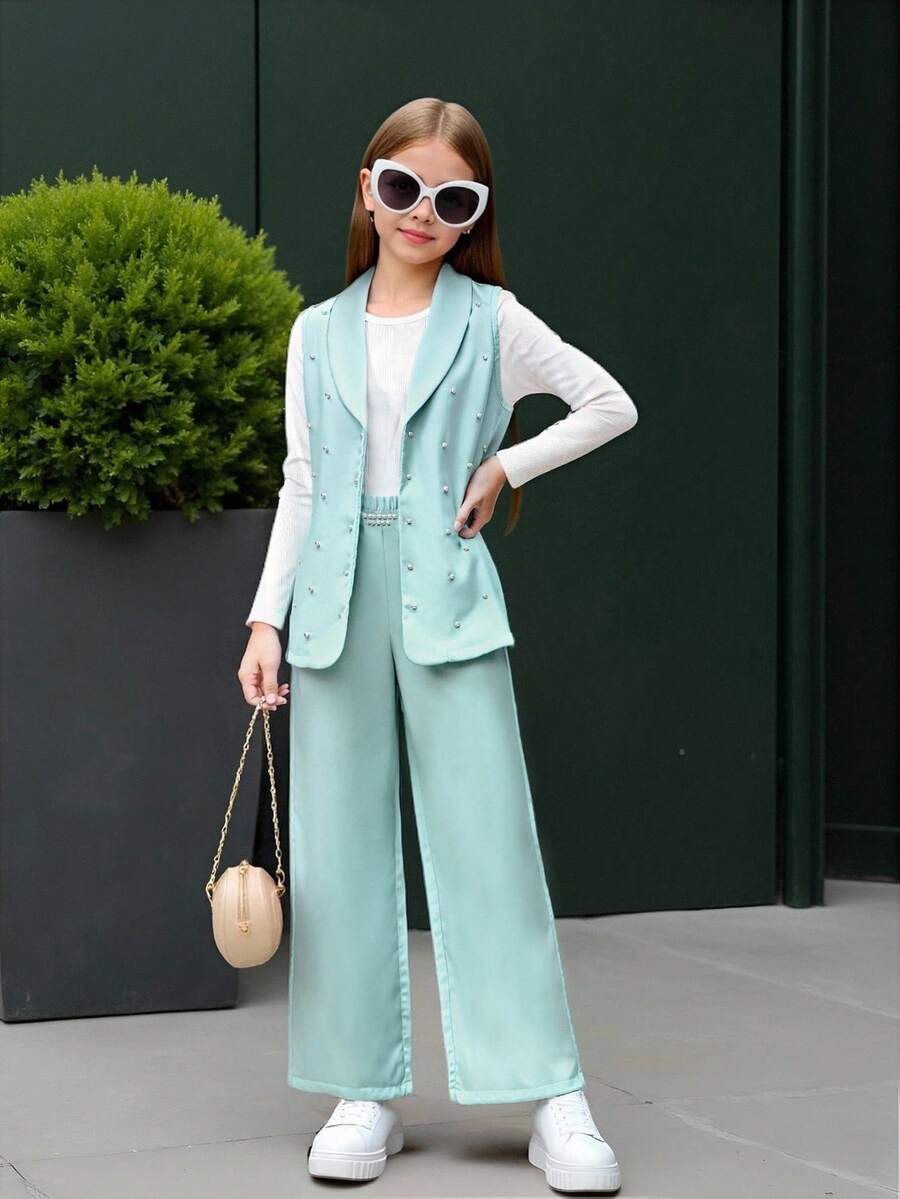 3 件套女孩优雅时尚优雅日常服装套装：圆领长袖纯色打底上衣，无袖纯色长翻领珍珠设计西装外套，松紧腰宽松直筒裤，适合学校，所有季节 - 綠色 - 查看 1